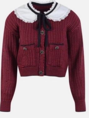 Women Bow Lace-up Doll Collar Cardigan Knit Top Size s
